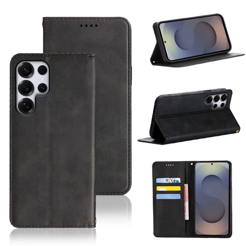 For Samsung Galaxy S24 Ultra Case Wallet Calf Texture Leather Phone Cover with Hidden Magnetic Closure - Black