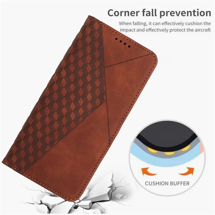 For Motorola Moto G52 4G / G82 5G Rhombus Pattern Imprinted Wallet Phone Case PU Leather Stand Magnetic Auto Closing Cover with Strap - Brown