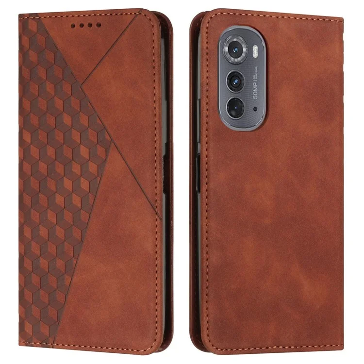 Pour Motorola Edge (2022) 5G Absorption Magnétique PU Cuir Portefeuille Portefeuille Rhombus Modèle Imprimé Télécopie Télécopie Télécopieuse - Brun