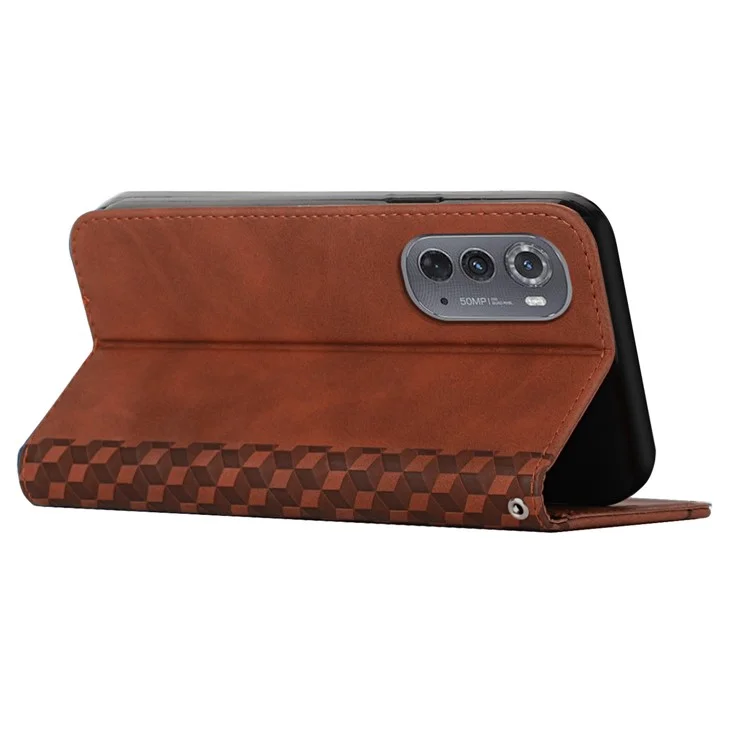 Pour Motorola Edge (2022) 5G Absorption Magnétique PU Cuir Portefeuille Portefeuille Rhombus Modèle Imprimé Télécopie Télécopie Télécopieuse - Brun