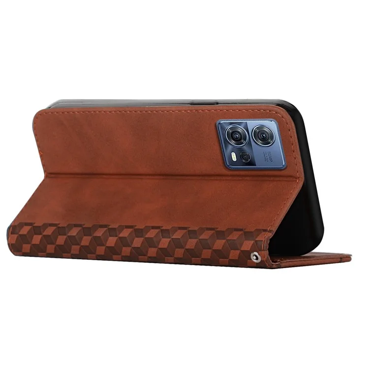 Für Motorola Moto S30 Pro 5G / Kante 30 Fusion 5G PU Leder Ständer Brieftasche Hülle Rhombusmuster Geprägter Magnetischer Automatisch Absorbiertes Telefonabdeckung Mit Riemen - Braun