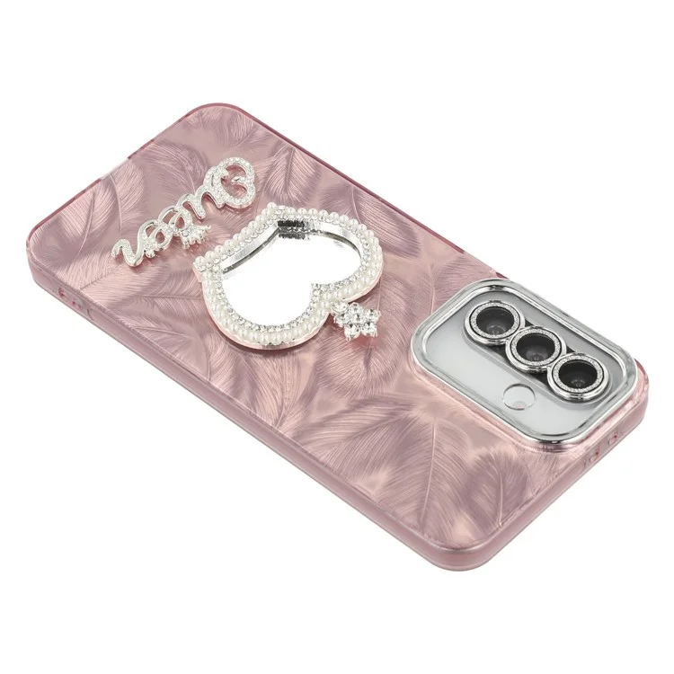 Étui pour Samsung Galaxy A56 5G avec Miroir IMD PC + TPU Coque de Téléphone avec Film de Lentille en Verre - Motif Plume / Or Rose