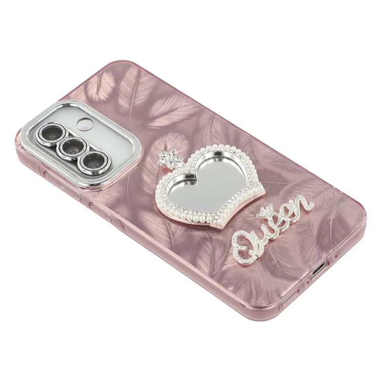 Étui pour Samsung Galaxy A56 5G avec Miroir IMD PC + TPU Coque de Téléphone avec Film de Lentille en Verre - Motif Plume / Or Rose