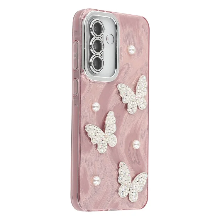 For Samsung Galaxy A56 5G Case Butterfly Pearl Decor IMD PC + TPU Phone Cover with Glass Lens Film - Feather Yarn Pattern / Rose Gold