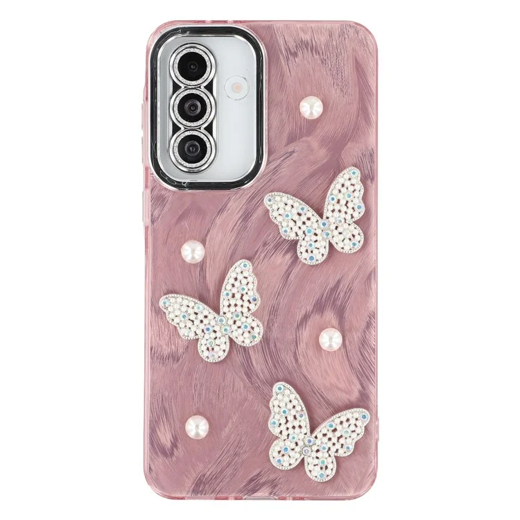 For Samsung Galaxy A56 5G Case Butterfly Pearl Decor IMD PC + TPU Phone Cover with Glass Lens Film - Feather Yarn Pattern / Rose Gold