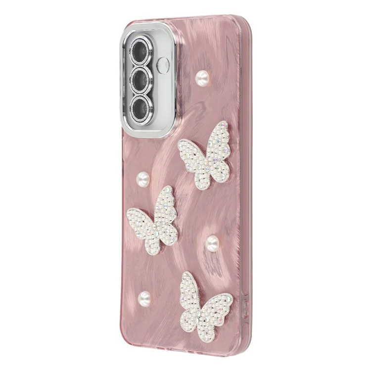 For Samsung Galaxy A56 5G Case Butterfly Pearl Decor IMD PC + TPU Phone Cover with Glass Lens Film - Feather Yarn Pattern / Rose Gold