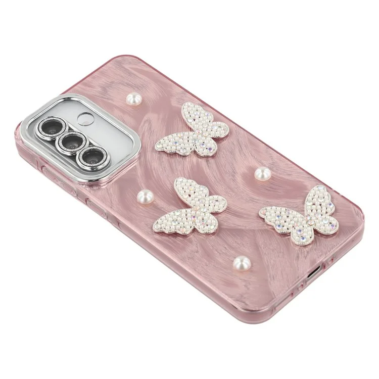 For Samsung Galaxy A56 5G Case Butterfly Pearl Decor IMD PC + TPU Phone Cover with Glass Lens Film - Feather Yarn Pattern / Rose Gold
