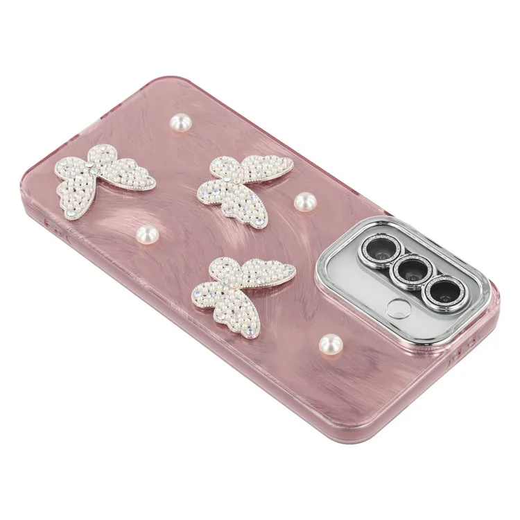 For Samsung Galaxy A56 5G Case Butterfly Pearl Decor IMD PC + TPU Phone Cover with Glass Lens Film - Feather Yarn Pattern / Rose Gold