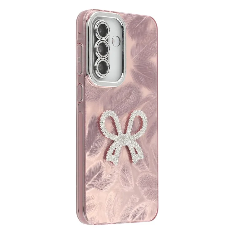 For Samsung Galaxy A56 5G Case Big Bow Decor IMD PC + TPU Phone Cover with Glass Lens Film - Feather Pattern / Rose Gold