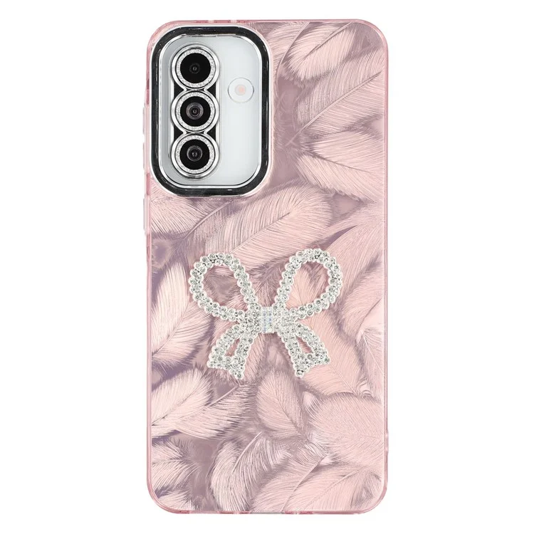 For Samsung Galaxy A56 5G Case Big Bow Decor IMD PC + TPU Phone Cover with Glass Lens Film - Feather Pattern / Rose Gold