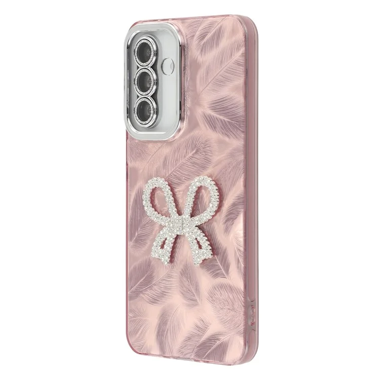 For Samsung Galaxy A56 5G Case Big Bow Decor IMD PC + TPU Phone Cover with Glass Lens Film - Feather Pattern / Rose Gold