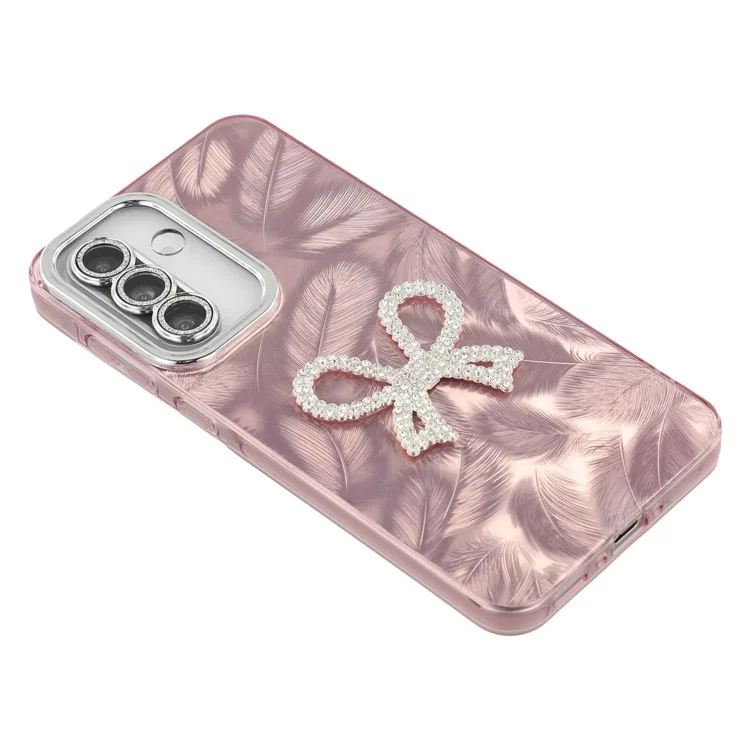 For Samsung Galaxy A56 5G Case Big Bow Decor IMD PC + TPU Phone Cover with Glass Lens Film - Feather Pattern / Rose Gold