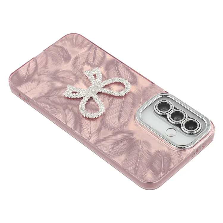 For Samsung Galaxy A56 5G Case Big Bow Decor IMD PC + TPU Phone Cover with Glass Lens Film - Feather Pattern / Rose Gold