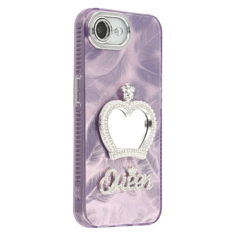 For iPhone 16e Case with Mirror IMD PC + TPU Phone Cover with Glass Lens Film - Feather Pattern / Purple