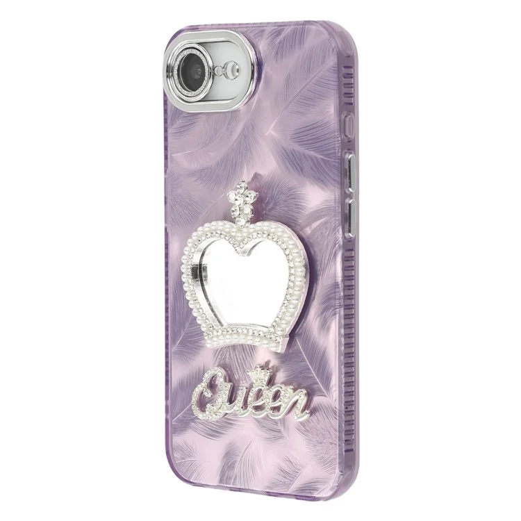 For iPhone 16e Case with Mirror IMD PC + TPU Phone Cover with Glass Lens Film - Feather Pattern / Purple