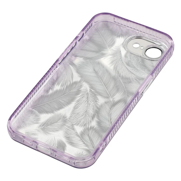 For iPhone 16e Case with Mirror IMD PC + TPU Phone Cover with Glass Lens Film - Feather Pattern / Purple