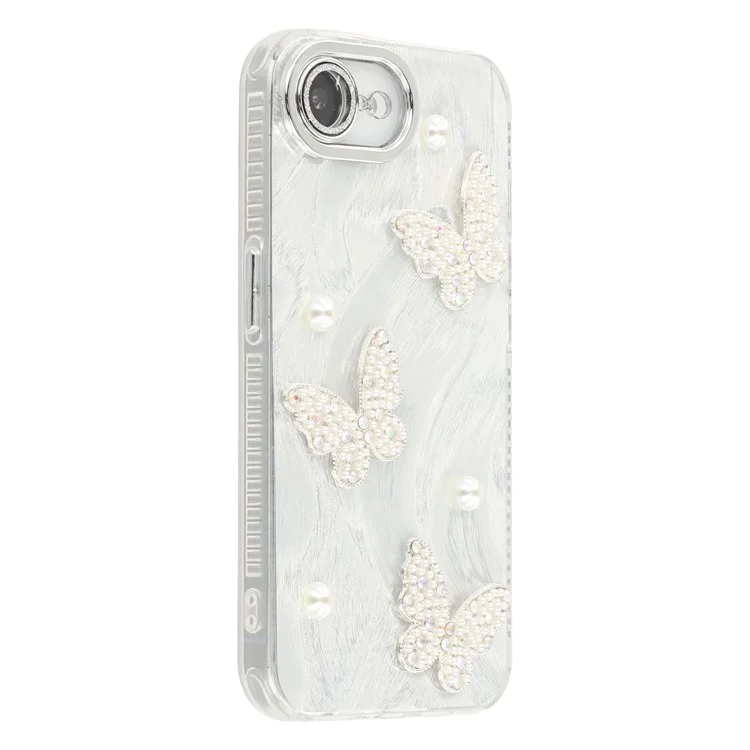 Funda para iPhone 16e con decoración de perla de mariposa, cubierta de teléfono de PC + TPU con película de lente de vidrio - Patrón de hilo de plumas / Plata