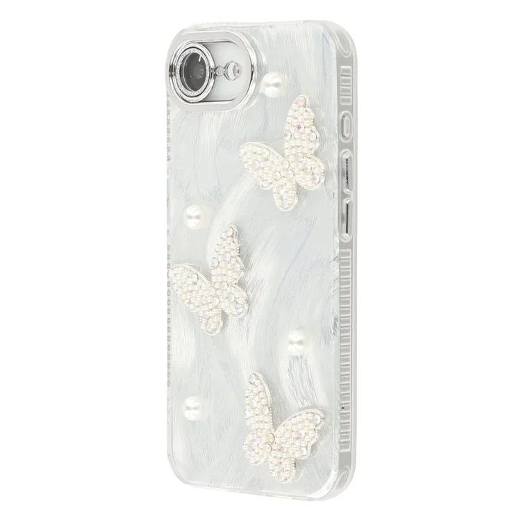 Funda para iPhone 16e con decoración de perla de mariposa, cubierta de teléfono de PC + TPU con película de lente de vidrio - Patrón de hilo de plumas / Plata