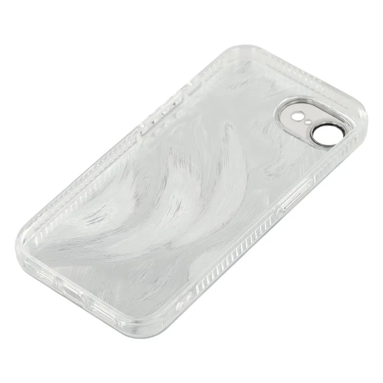 Funda para iPhone 16e con decoración de perla de mariposa, cubierta de teléfono de PC + TPU con película de lente de vidrio - Patrón de hilo de plumas / Plata