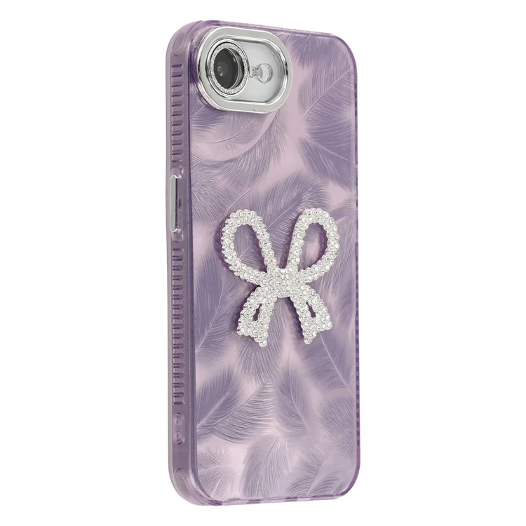 Étui pour iPhone 16e Gros nœud Décor IMD PC + Housse de téléphone TPU avec film de protection en verre - Motif plumes / Violet