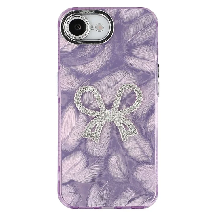 Étui pour iPhone 16e Gros nœud Décor IMD PC + Housse de téléphone TPU avec film de protection en verre - Motif plumes / Violet