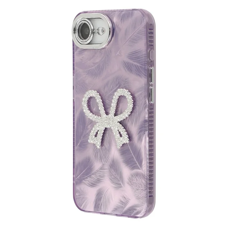 Étui pour iPhone 16e Gros nœud Décor IMD PC + Housse de téléphone TPU avec film de protection en verre - Motif plumes / Violet