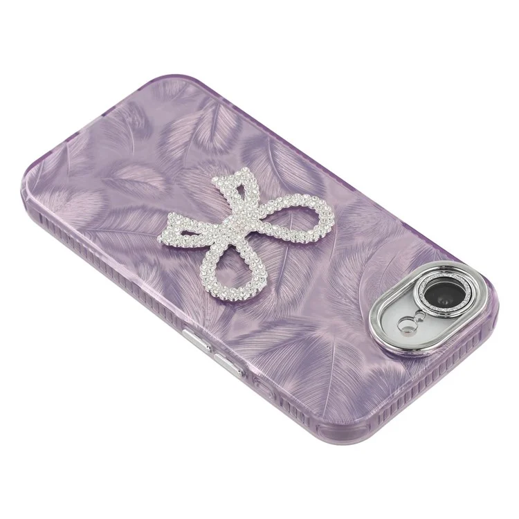Étui pour iPhone 16e Gros nœud Décor IMD PC + Housse de téléphone TPU avec film de protection en verre - Motif plumes / Violet