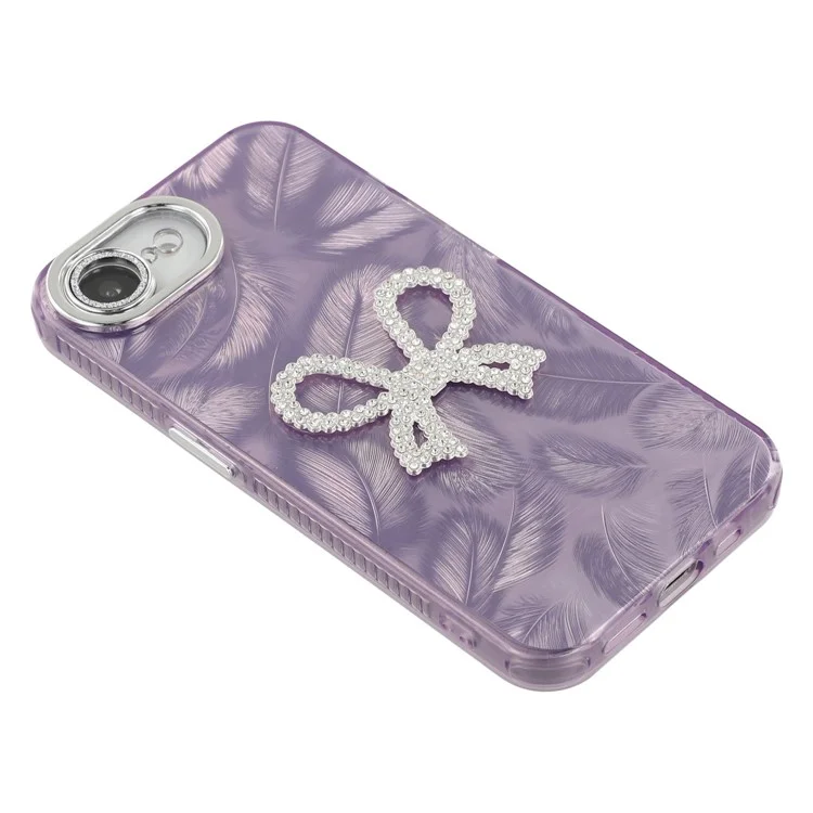 Étui pour iPhone 16e Gros nœud Décor IMD PC + Housse de téléphone TPU avec film de protection en verre - Motif plumes / Violet