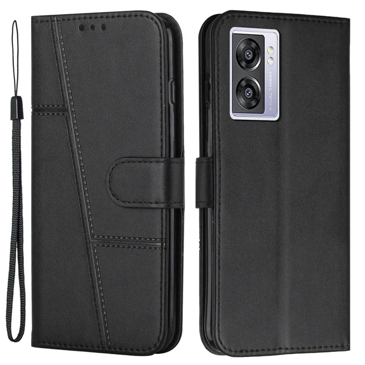 Для Oppo A57 (2022) 5G / A77 5G / A77 4G / A57 4G / A57e 4G / A57s 4G / Realme V23 5G / OnePlus Nord N20 SE 4G Кожаный бумажник Чехол с магнитной застежкой и ремешком - Черный