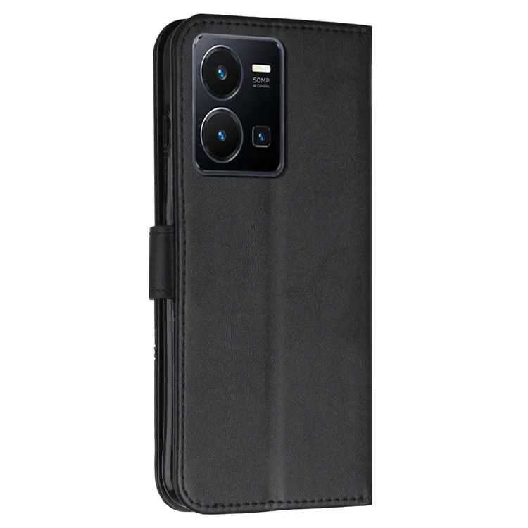 For vivo Y35 4G (2022) / Y22 4G / Y22s 4G Stitching PU Leather Wallet Phone Case Stand Magnetic Flip Protective Cover with Strap - Black