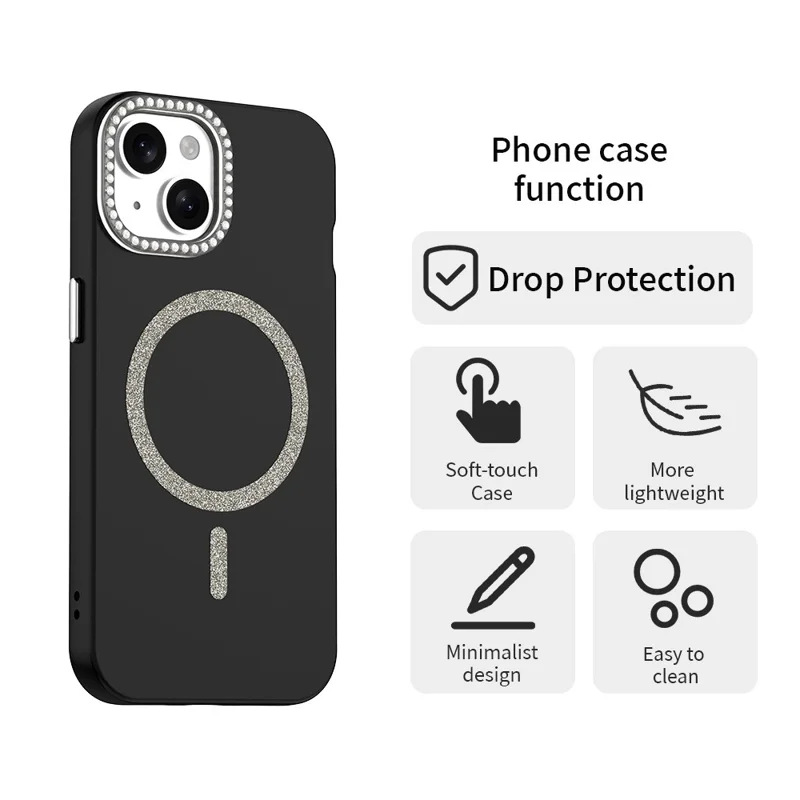 Für iPhone 15 Hülle kompatibel mit MagSafe TPU + PET Handyhülle mit Strass-Dekor Linseneinfassung - Schwarz