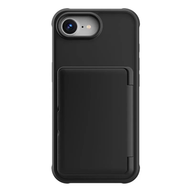 For iPhone 16e Case with Card Holder / Mirror / Kickstand TPU + PC Phone Back Cover - Black