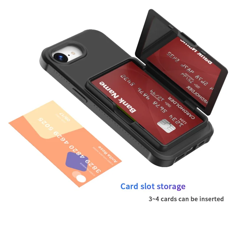 For iPhone 16e Case with Card Holder / Mirror / Kickstand TPU + PC Phone Back Cover - Black