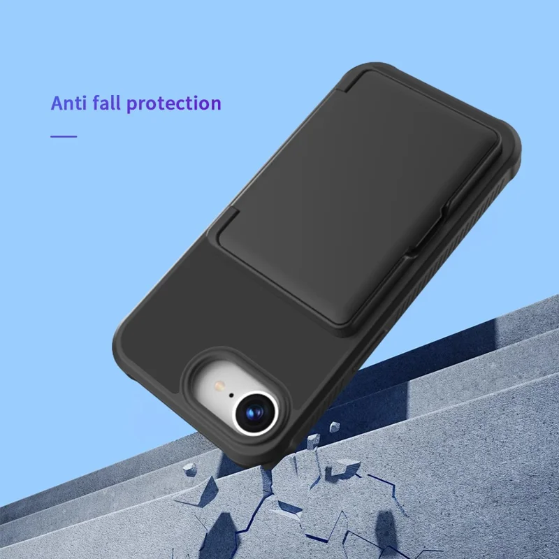 For iPhone 16e Case with Card Holder / Mirror / Kickstand TPU + PC Phone Back Cover - Black