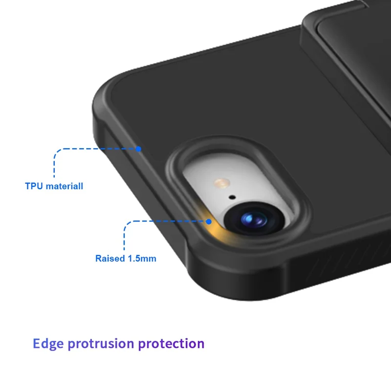 For iPhone 16e Case with Card Holder / Mirror / Kickstand TPU + PC Phone Back Cover - Black