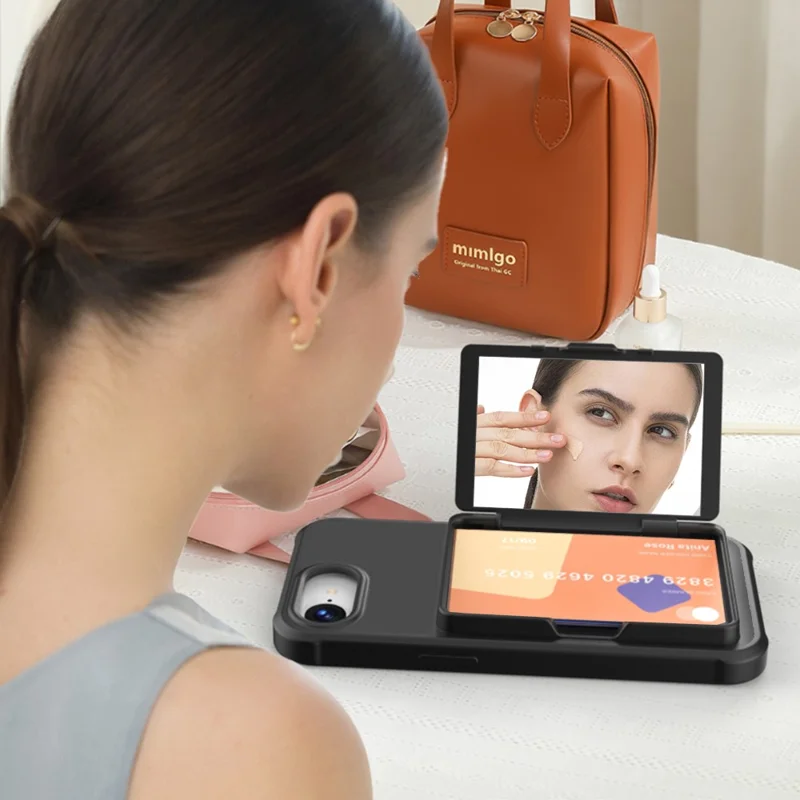 For iPhone 16e Case with Card Holder / Mirror / Kickstand TPU + PC Phone Back Cover - Black