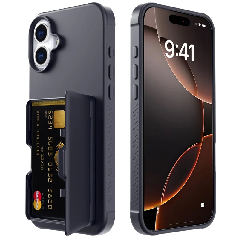 For iPhone 16 Case with Card Holder / Mirror / Kickstand TPU + PC Phone Back Cover - Black