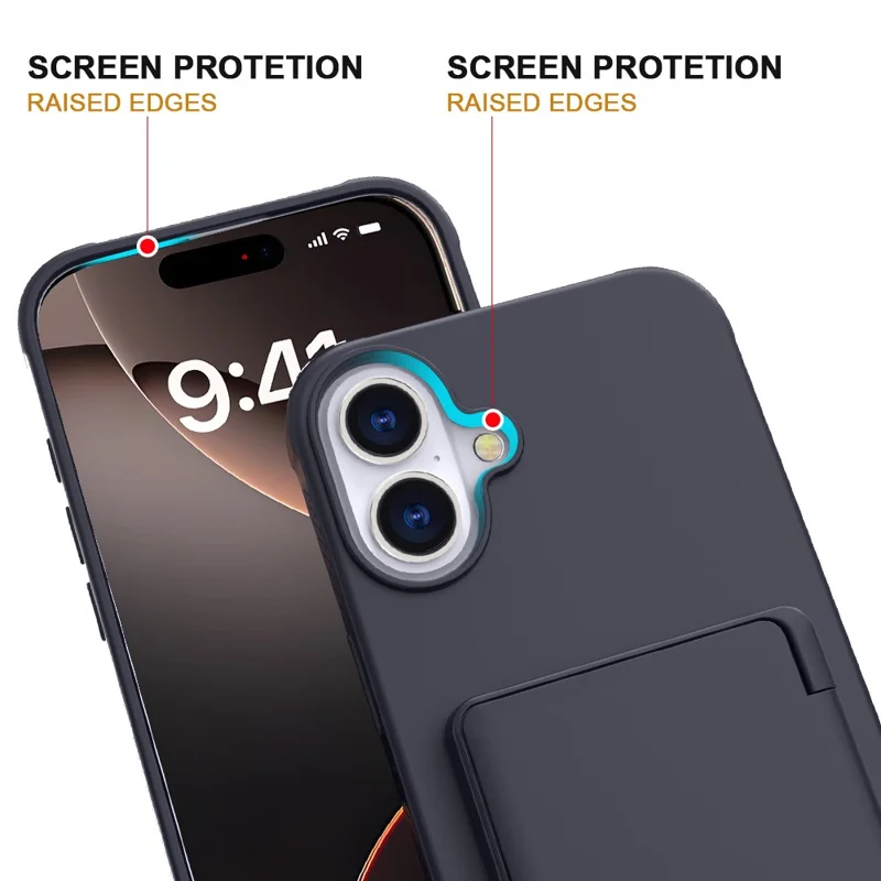 For iPhone 16 Case with Card Holder / Mirror / Kickstand TPU + PC Phone Back Cover - Black