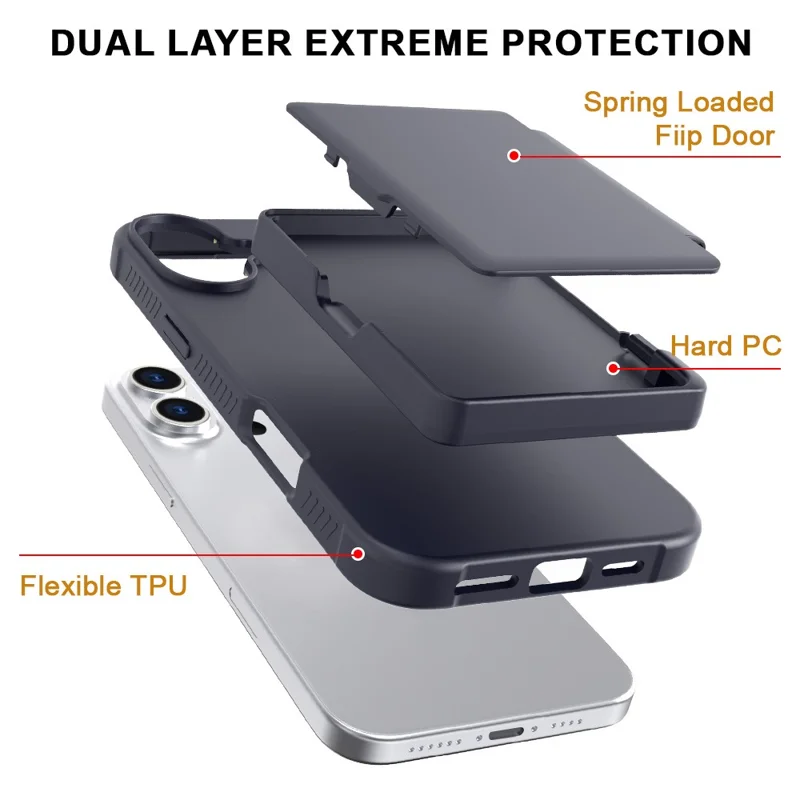 For iPhone 16 Case with Card Holder / Mirror / Kickstand TPU + PC Phone Back Cover - Black