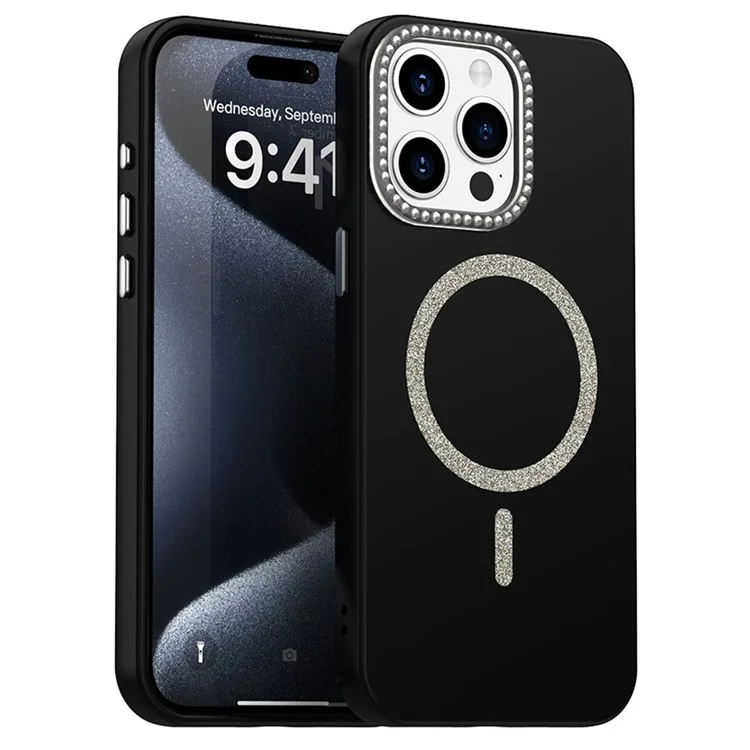 Capa para iPhone 15 Pro Compatível com MagSafe TPU + Capa de Telefone PET com Decoração de Strass Moldura da Lente - Preta