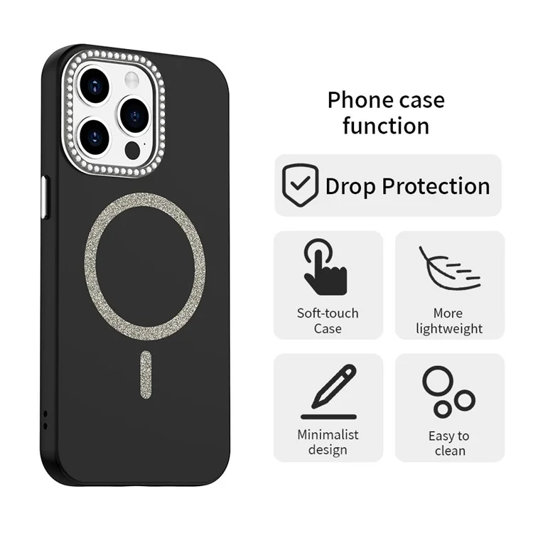 Capa para iPhone 15 Pro Compatível com MagSafe TPU + Capa de Telefone PET com Decoração de Strass Moldura da Lente - Preta