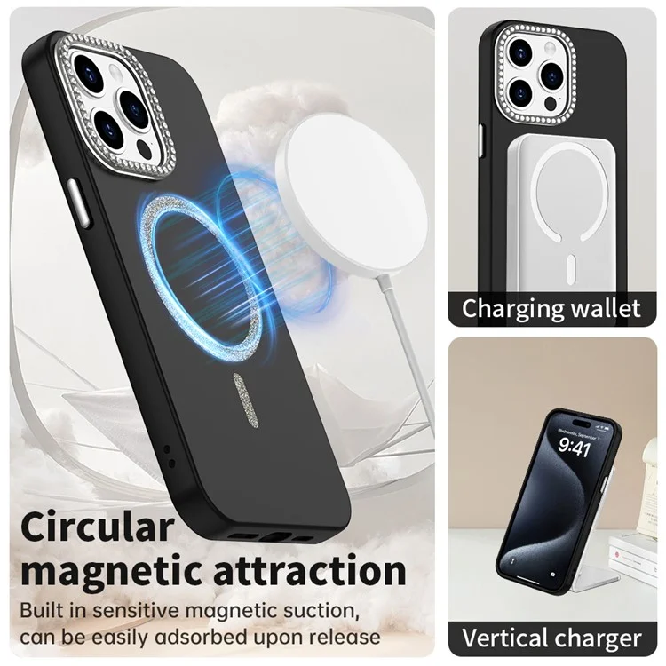 Capa para iPhone 15 Pro Compatível com MagSafe TPU + Capa de Telefone PET com Decoração de Strass Moldura da Lente - Preta