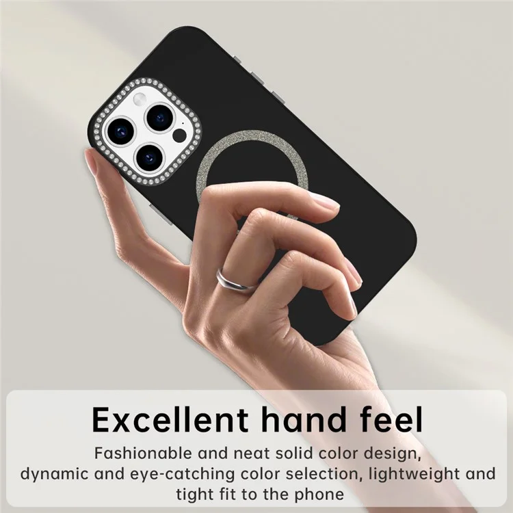 Capa para iPhone 15 Pro Compatível com MagSafe TPU + Capa de Telefone PET com Decoração de Strass Moldura da Lente - Preta