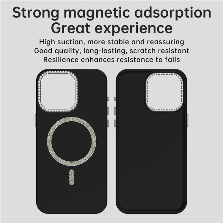 Capa para iPhone 15 Pro Compatível com MagSafe TPU + Capa de Telefone PET com Decoração de Strass Moldura da Lente - Preta