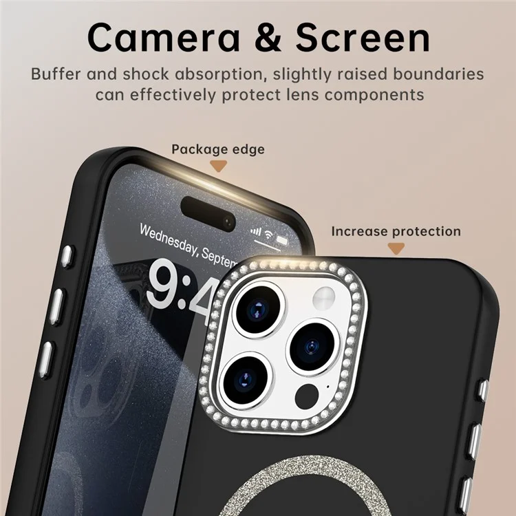 Capa para iPhone 15 Pro Compatível com MagSafe TPU + Capa de Telefone PET com Decoração de Strass Moldura da Lente - Preta