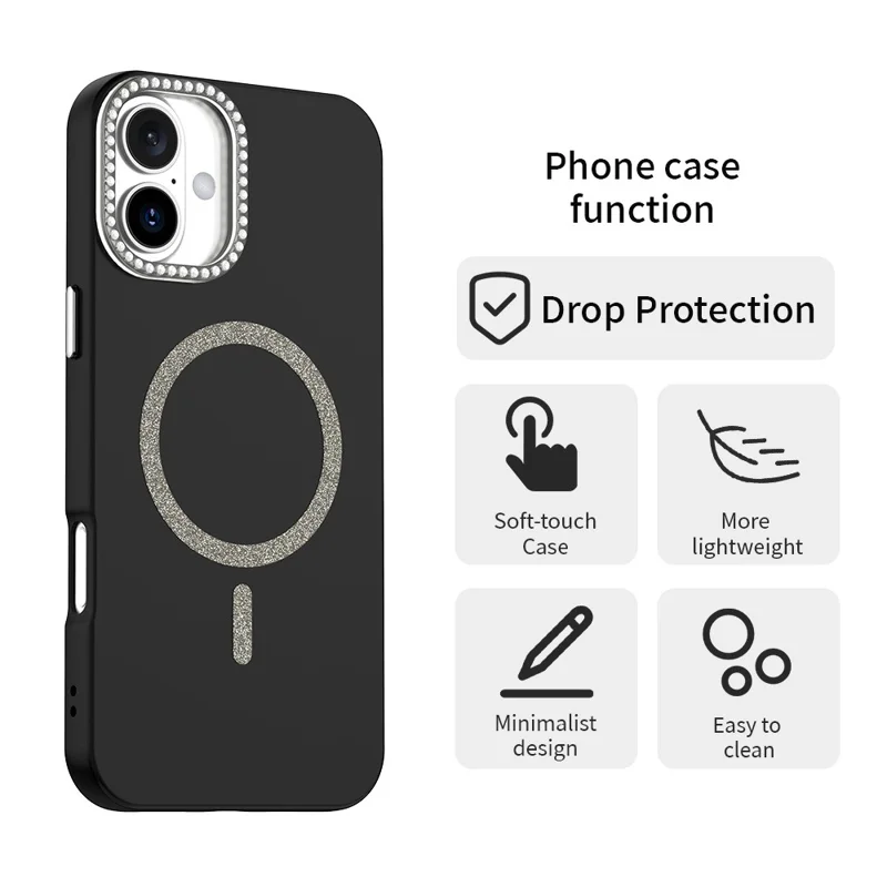 Für iPhone 16 Hülle kompatibel mit MagSafe TPU + PET Handyhülle mit Strassstein-Verzierung Objektivrahmen - Schwarz