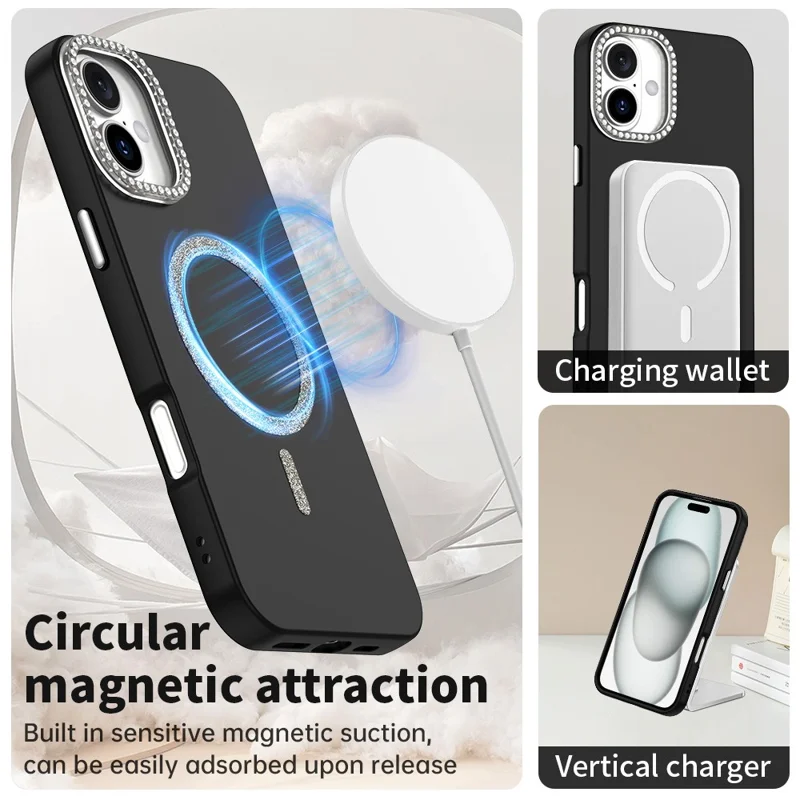 Für iPhone 16 Hülle kompatibel mit MagSafe TPU + PET Handyhülle mit Strassstein-Verzierung Objektivrahmen - Schwarz