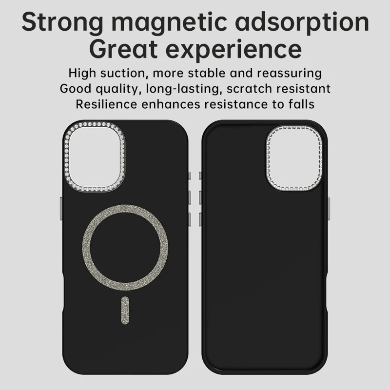 Für iPhone 16 Hülle kompatibel mit MagSafe TPU + PET Handyhülle mit Strassstein-Verzierung Objektivrahmen - Schwarz