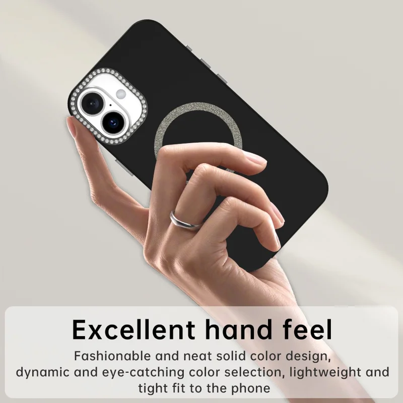 For iPhone 16 Plus Case Compatible with MagSafe TPU + PET Phone Cover with Rhinestone Decor Lens Frame - Black