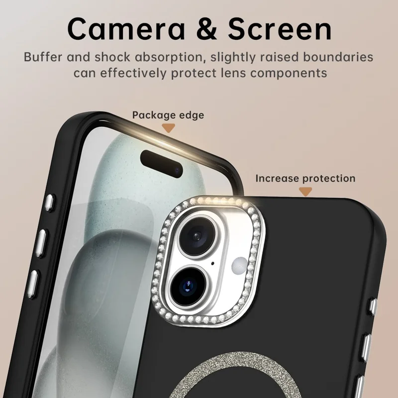 For iPhone 16 Plus Case Compatible with MagSafe TPU + PET Phone Cover with Rhinestone Decor Lens Frame - Black